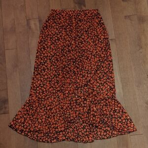 Dark Floral Midi Skirt With Ruffles